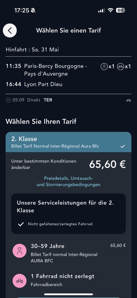 Visuelle Darstellung der Seite zur Auswahl einer Fahrkarte in der App SNCF Connect
